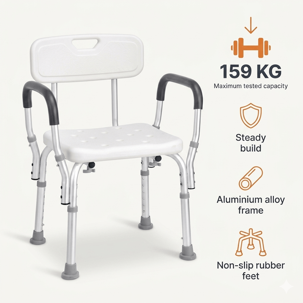 Shower Chair with Padded Armrests & Backrest - Height Adjustable